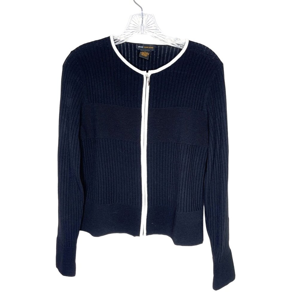 Grace Dane Lewis Large  Black/White Fine Knit Top Trim Zipper Front  86L